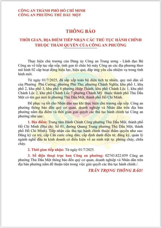 Công an phường Thủ Dầu Một tiếp nhận thủ tục hành chính ở đâu? - Ảnh 1.